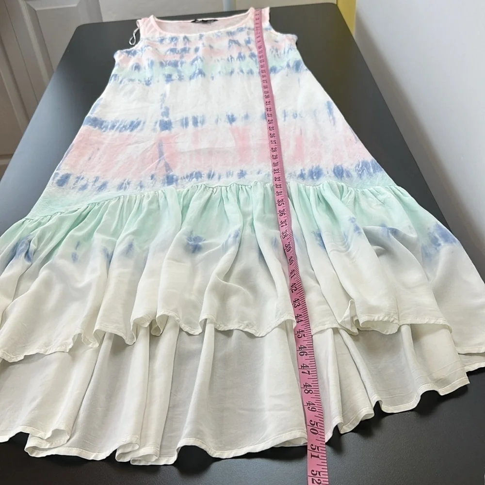 Charlie B Linen Ruffle Hi Low Hem Dress M Tie Dyed Pastel Pink Blue‎ Slee…